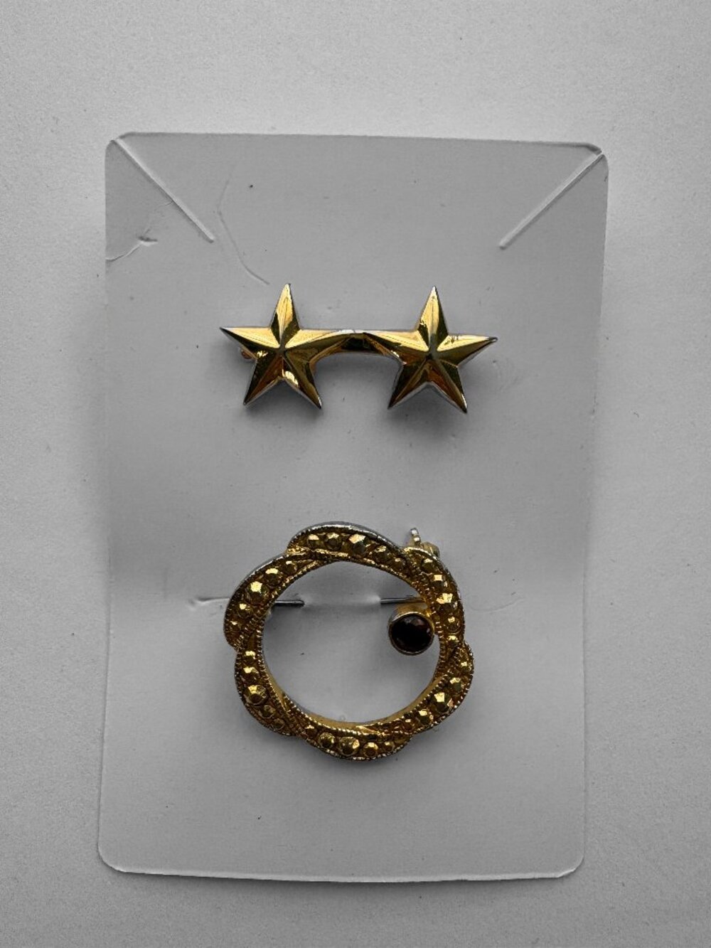 Set of 2  Vintage Gold Tone Pin Brooch | Star Rank Style + Red Rhinestone Wreath